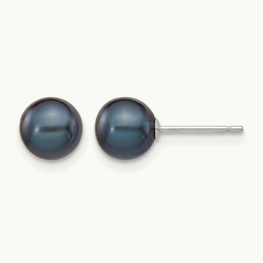 6- Black Round FW Cultured Pearl Stud Post Earrings, 7mm, 14K White Gold