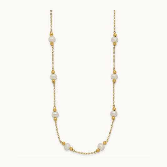 5- White Near Round FW Cultured Pearl Bead 12-station Necklace, 6mm, 14K