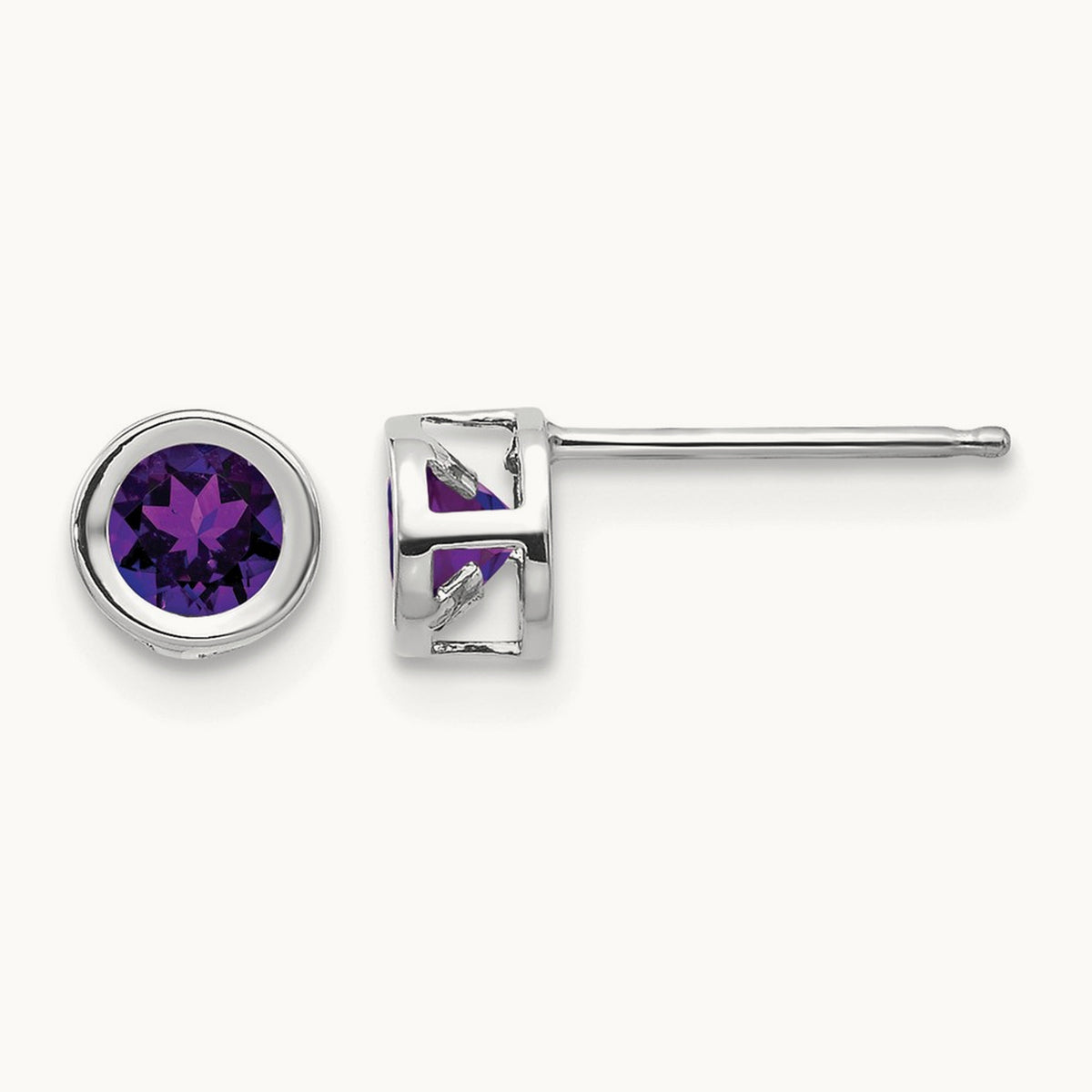 Bezel February/Amethyst Post Earrings — 14K White Gold