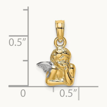 Angel Resting On Elbow w/ Rhodium Wing Charm, 14K