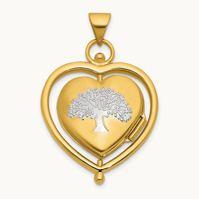 & Rhodium Tree Flowers Spinning Reversible Heart Locket, 15mm, 14K