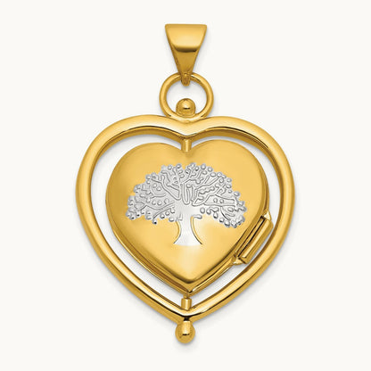 & Rhodium Tree Flowers Spinning Reversible Heart Locket, 15mm, 14K