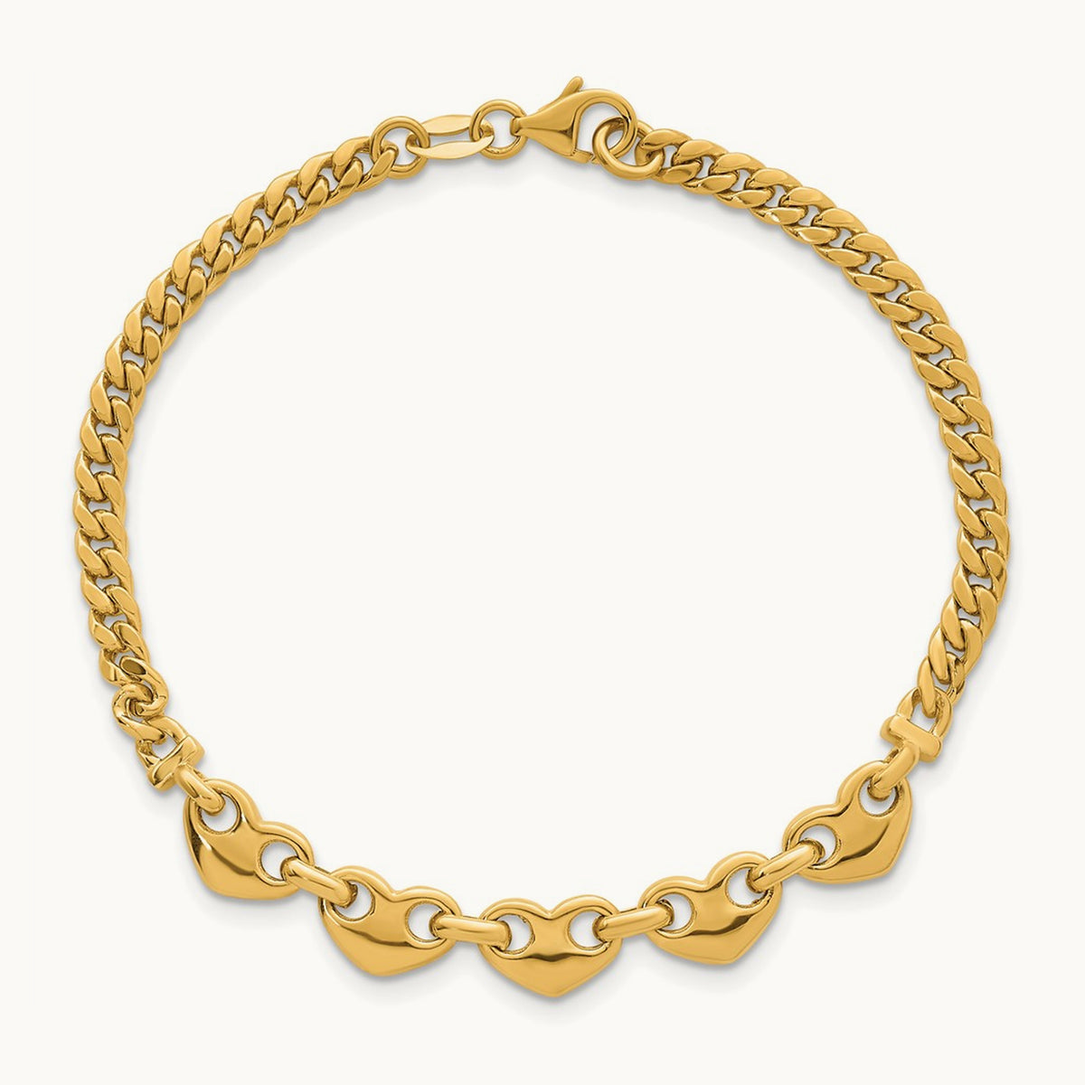 Polished Hearts Curb Link 7inch Bracelet, 14K