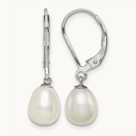 Rhodium-plated 7- White FWC Pearl Leverback Earrings, 8mm, Sterling Silver