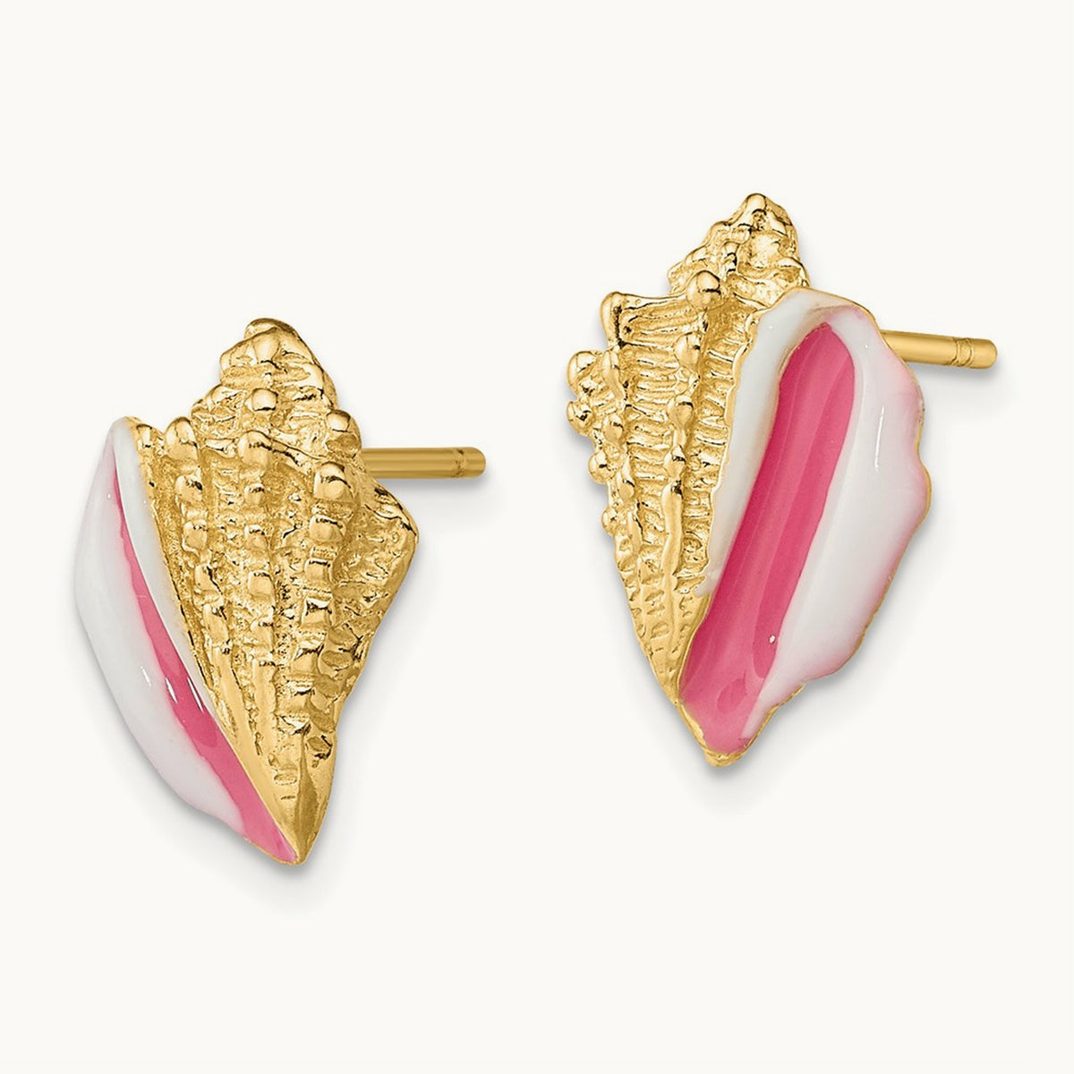 Conch Shell Post Earrings with Pink Enamel — 13.9mm