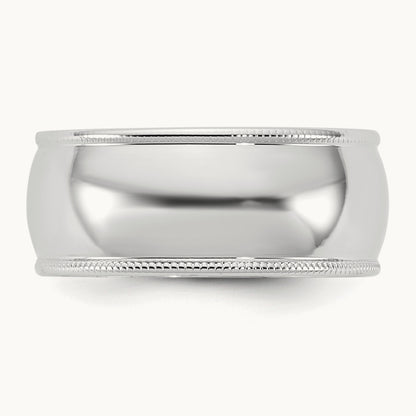 Lightweight Milgrain Half Round Band, 8mm, 10K White Gold