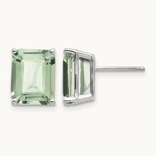 10x8mm Emerald-Cut Green Quartz Earrings, 14K White Gold
