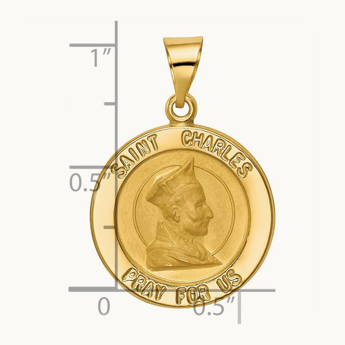 Polished and Satin St. Charles Medal Hollow Pendant, 14K
