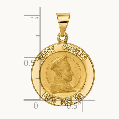 Polished and Satin St. Charles Medal Hollow Pendant, 14K