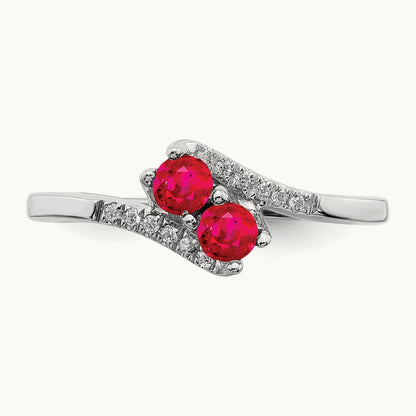 Ruby and Diamond 2-stone Bypass Ring, 14K White Gold