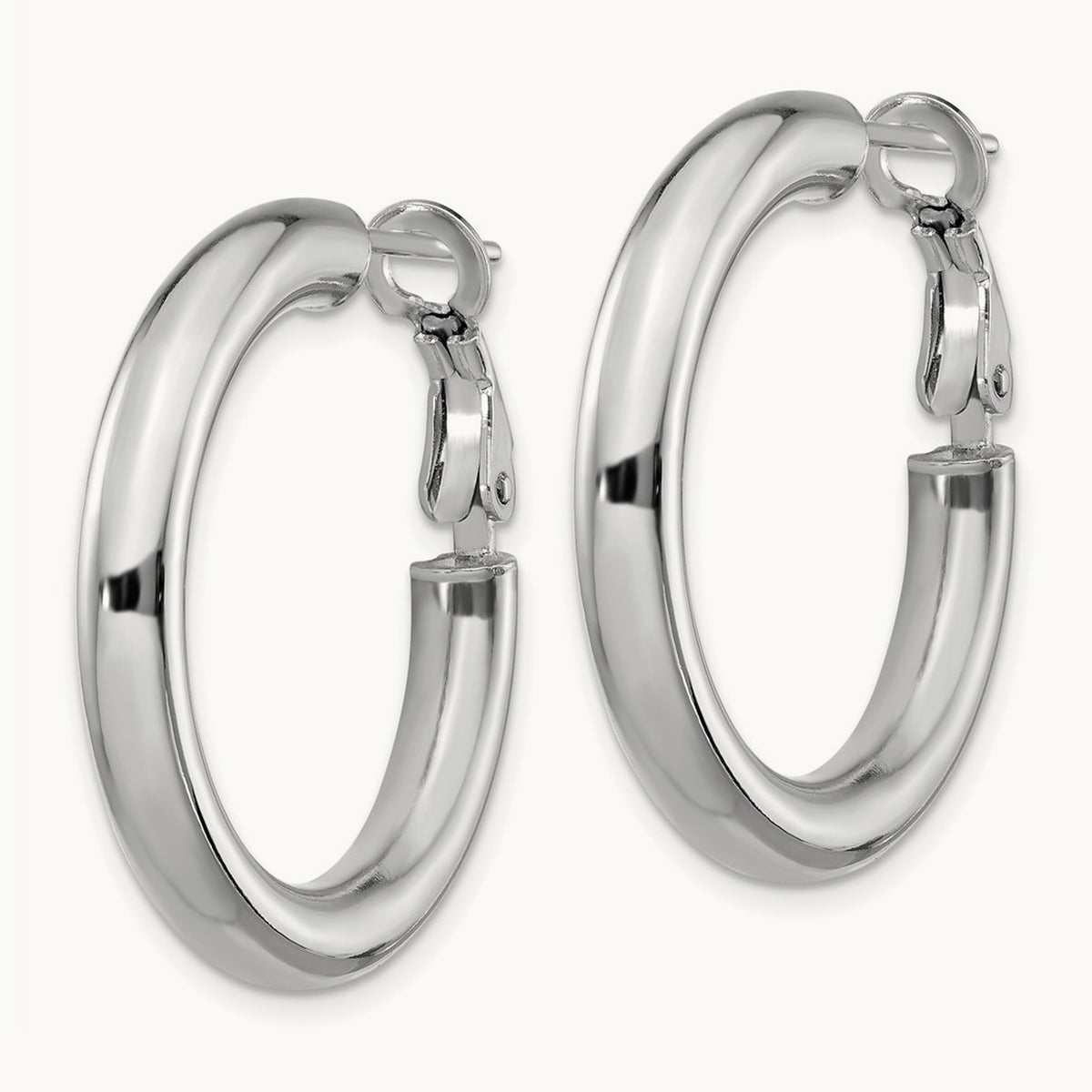 Polished Round Omega Back Hoop Earrings — 14K White Gold, 4x28mm