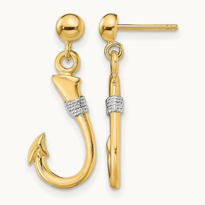 w/Rhodium 3-D Fish Hook W/ Rope Dangle Earrings, 14K
