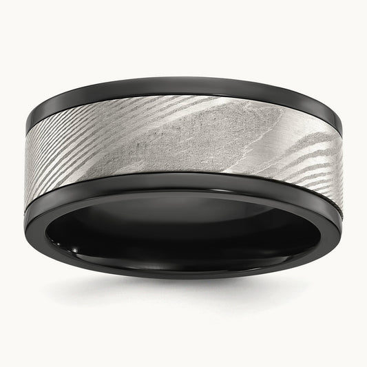 Black Zirconium Polished with Damascus Inlay Band, 9mm