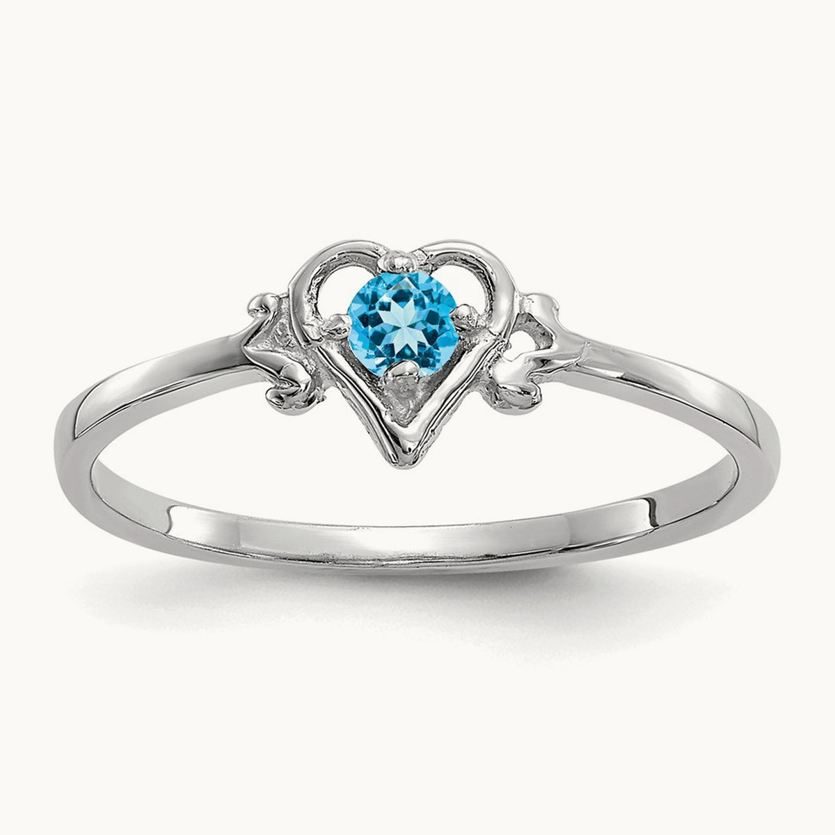 Blue Topaz Birthstone Heart Ring — 14K White Gold, 7
