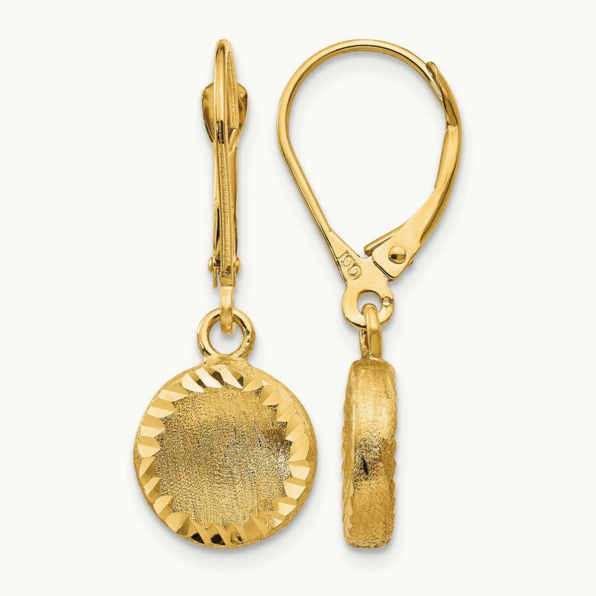 Brushed and Polished Diamond-cut Circle Leverback Earrings, 14K