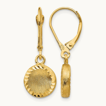Brushed and Polished Diamond-cut Circle Leverback Earrings, 14K
