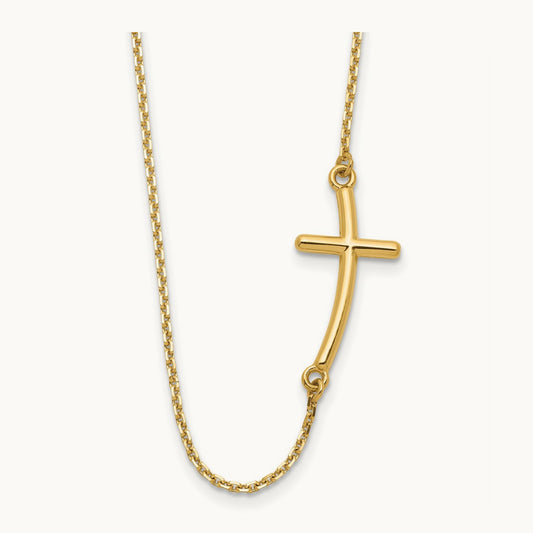 Large Sideways Curved Cross Necklace — 14K Yellow Gold