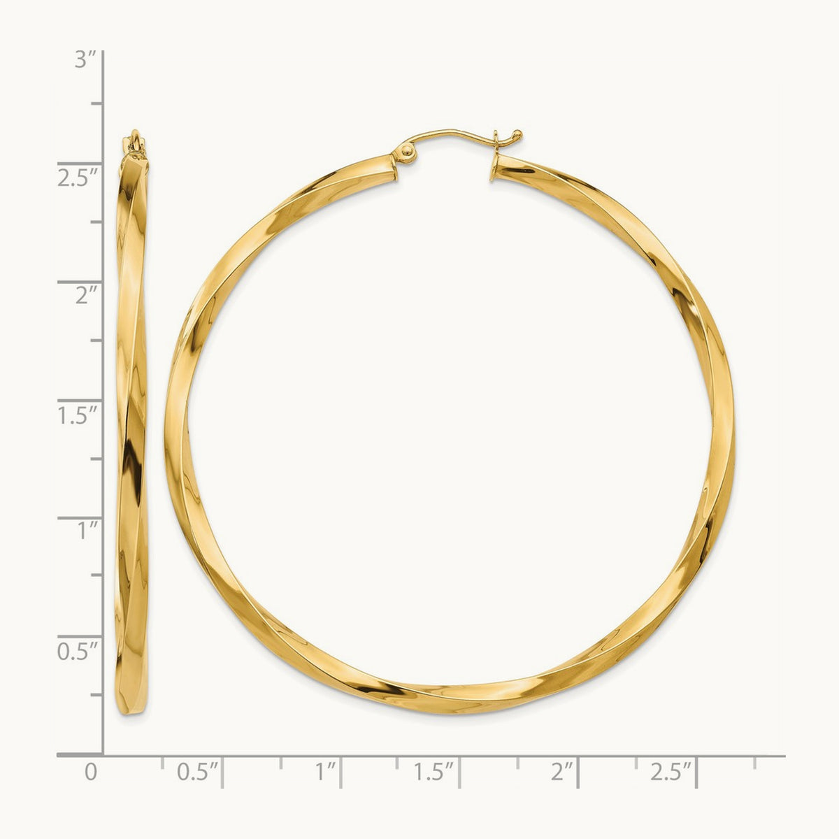 Square Tube Twisted Hoop Earrings — 14K Yellow Gold, 60mm, 3mm