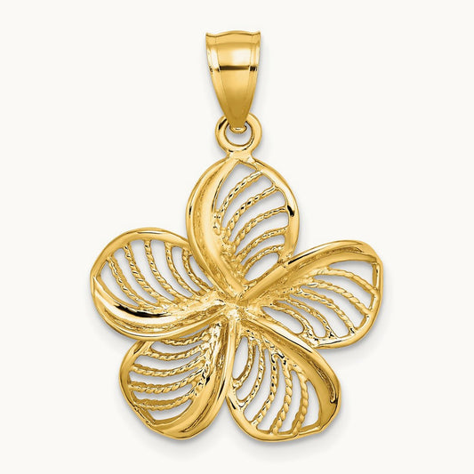 Polished and Beaded Plumeria Flower Charm — 14K Yellow Gold