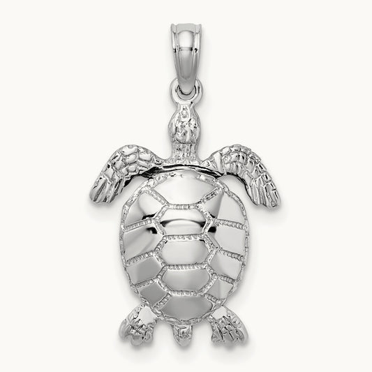 3-D Moveable Sea Turtle Charm, 14K White Gold