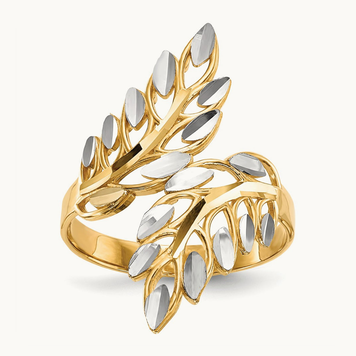w/ White Rhodium Diamond-cut Leaves Ring, 14K