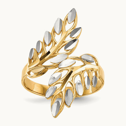 w/ White Rhodium Diamond-cut Leaves Ring, 14K