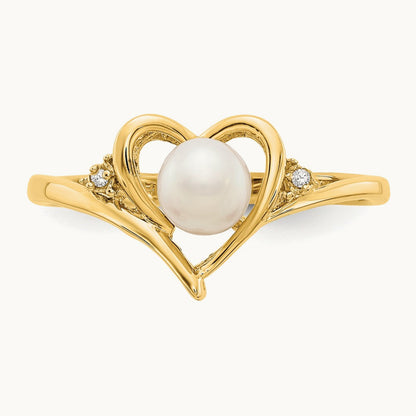 Freshwater Cultured Pearl and Diamond Heart Ring — 14K Yellow Gold, 7