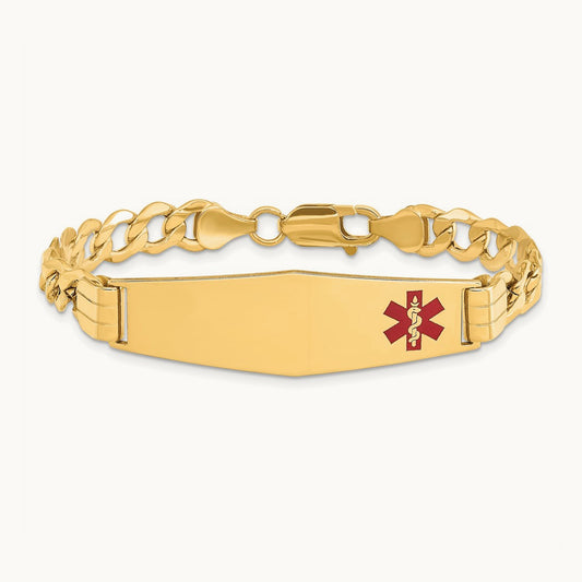 Semi-solid Medical Soft Diamond Shape Red Enamel Curb Link ID Bracelet, 14K