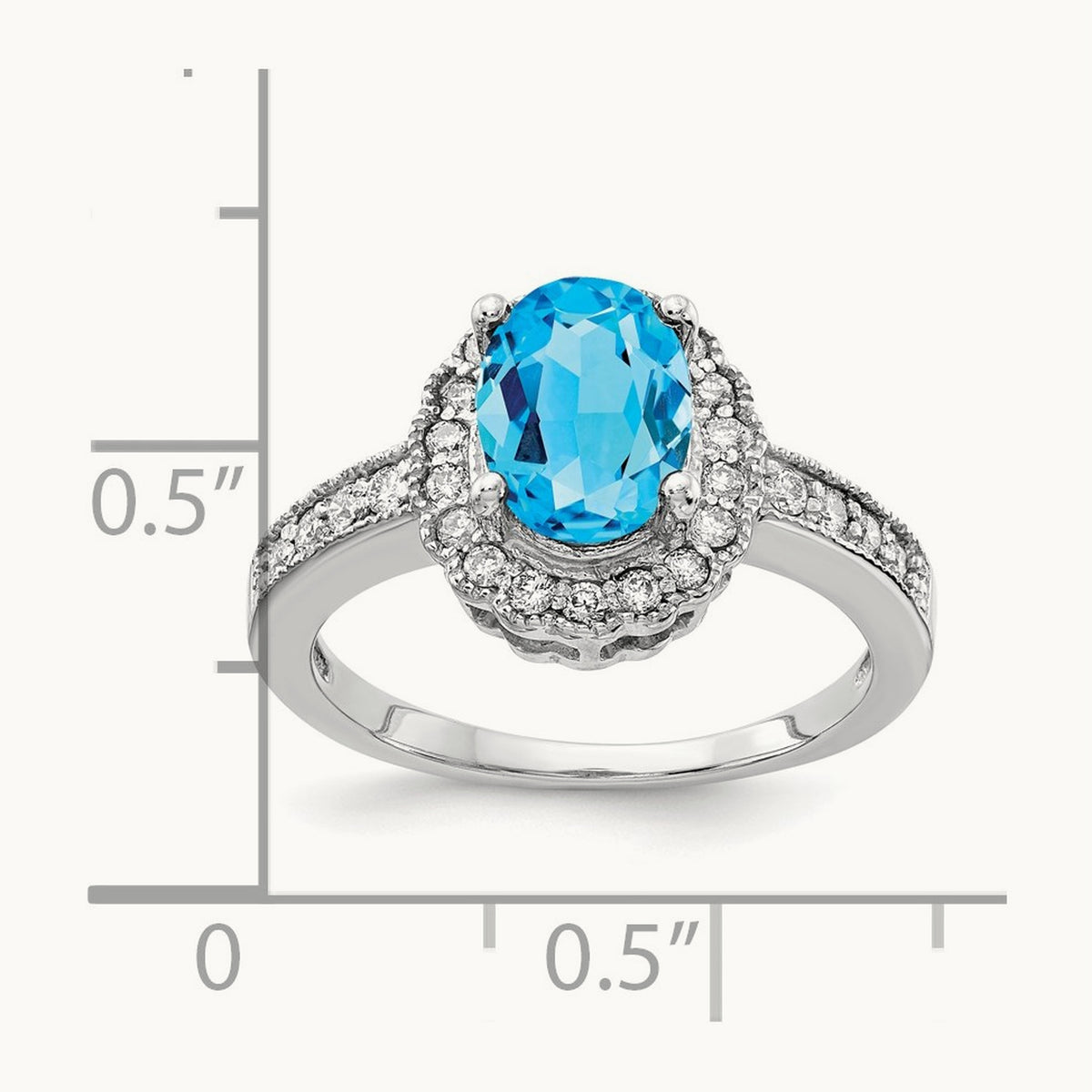 8x6mm Oval Blue Topaz AA Diamond ring, 14K White Gold