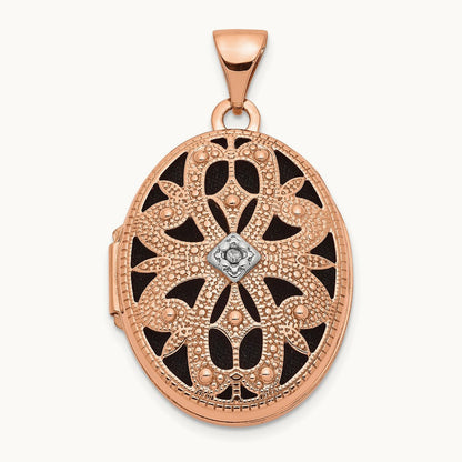 w/Diamond & Black Fabric Vintage Oval Locket, 21mm, 14K Rose Gold