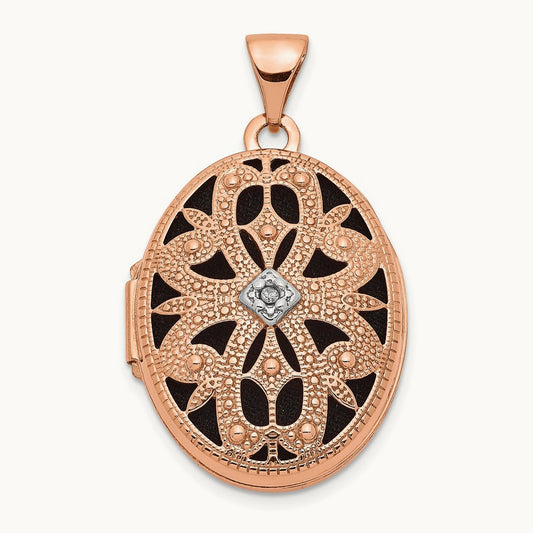w/Diamond & Black Fabric Vintage Oval Locket, 21mm, 14K Rose Gold