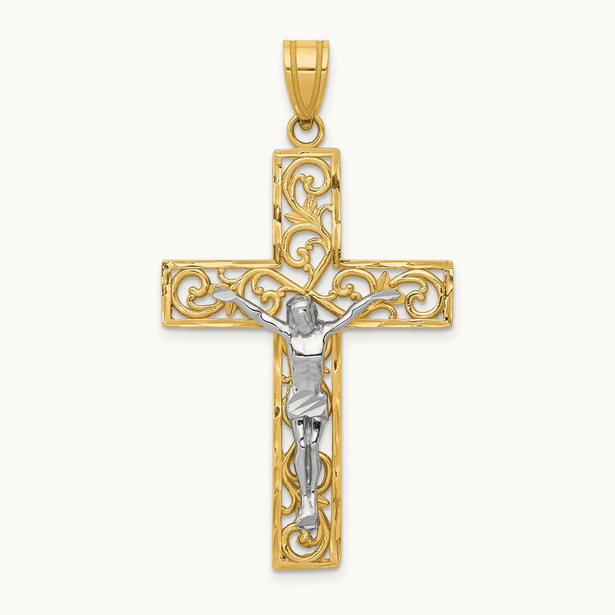 D/C Large Block Filigree Crucifix Pendant, 14K Two-tone