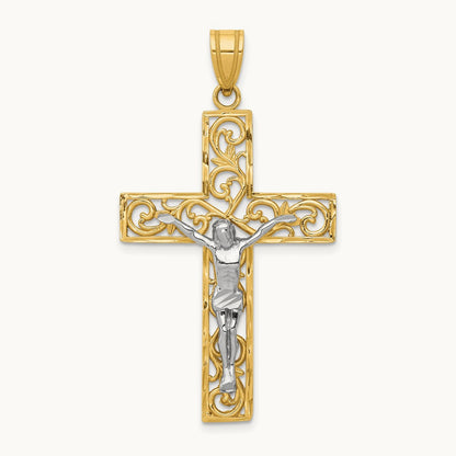 D/C Large Block Filigree Crucifix Pendant, 14K Two-tone