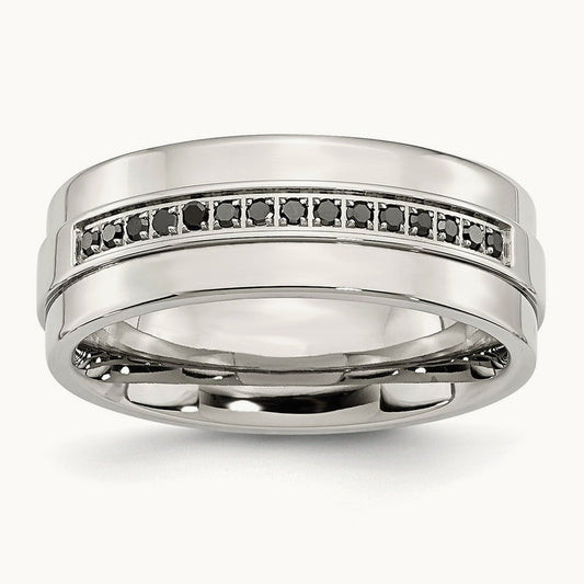 Stainless Steel Polished Black 8mm Flat Band, 0.15 ct tw