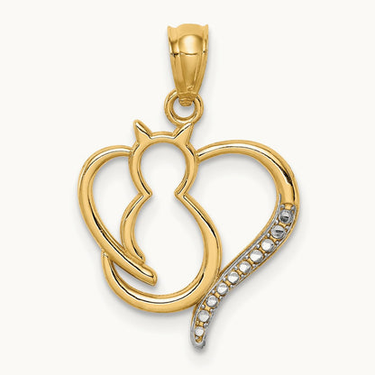 Rhodium Sitting Cat in a Heart Pendant, 14K White