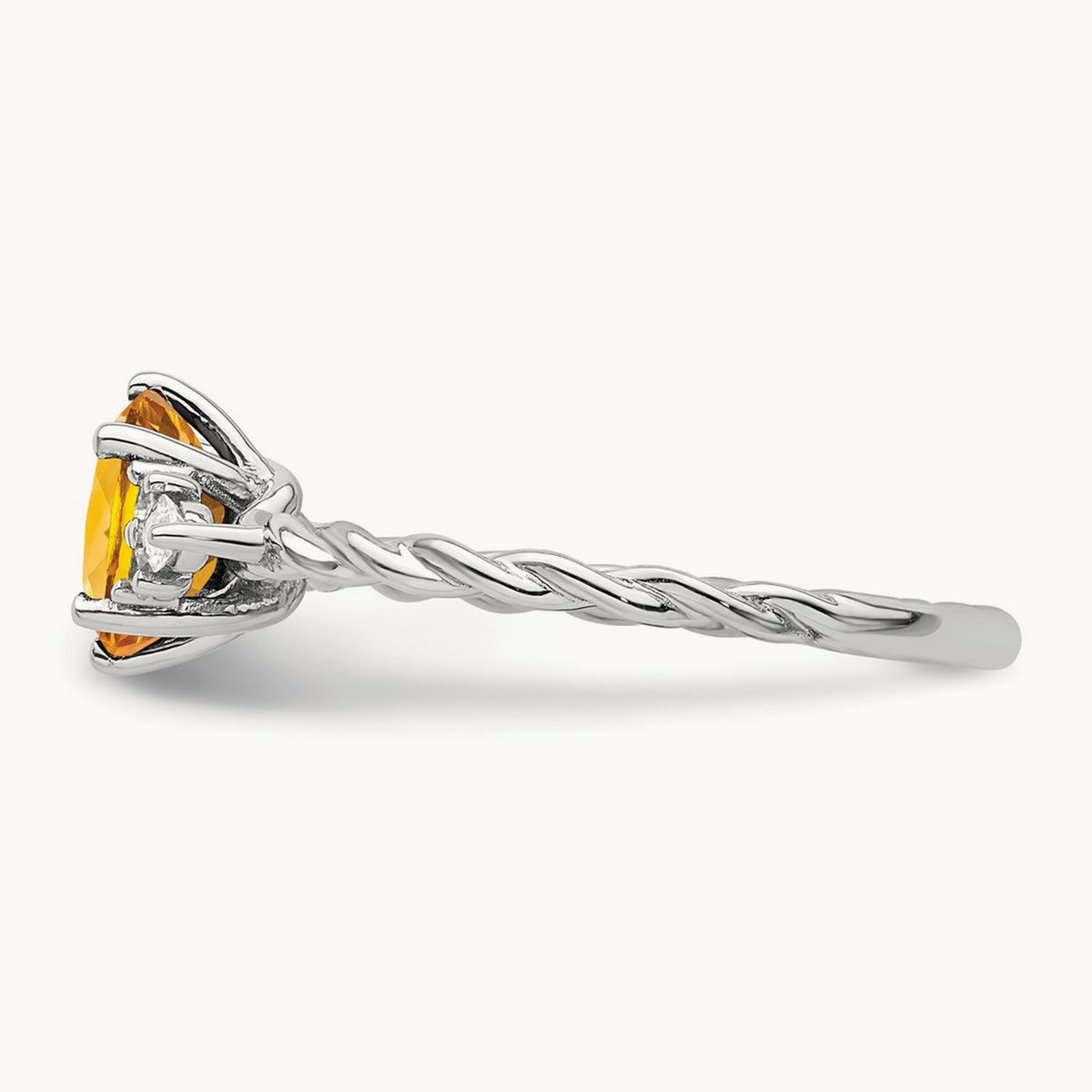 Polished Diamond and Citrine Twisted Ring — 14K White Gold