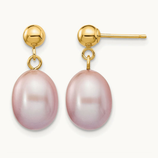 8- Purple Rice Freshwater Cultured Pearl Post Dangle Earrings, 9mm, 14K