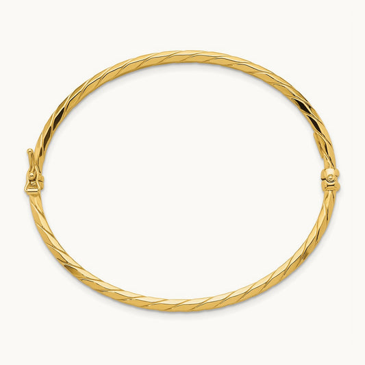 Polished and Diamond-cut Twisted Hinged Bangle, 14K
