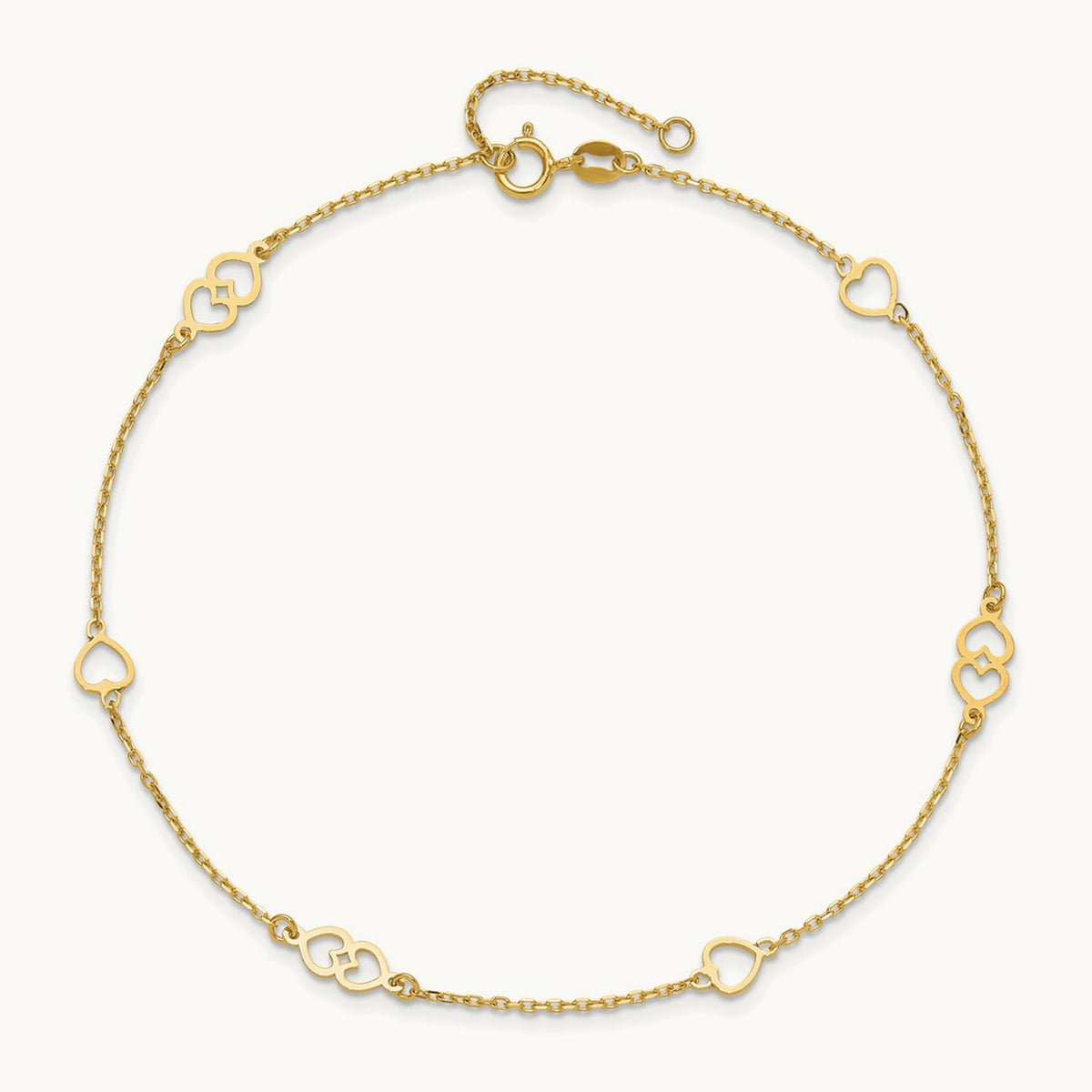 Polished Hearts 9in Plus 1 in ext. Anklet, 14K