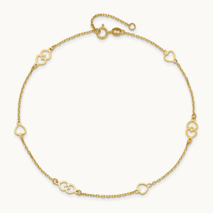 Polished Hearts 9in Plus 1 in ext. Anklet, 14K