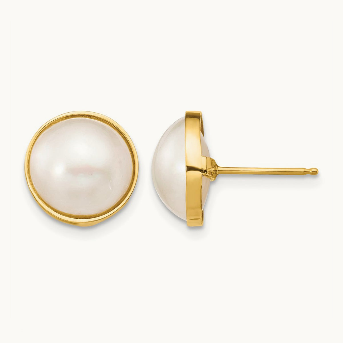 10- White Mabe Saltwater Cultured Pearl Post Earrings, 11mm, 14K