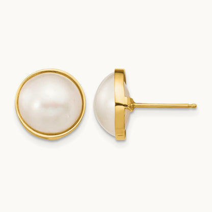 10- White Mabe Saltwater Cultured Pearl Post Earrings, 11mm, 14K