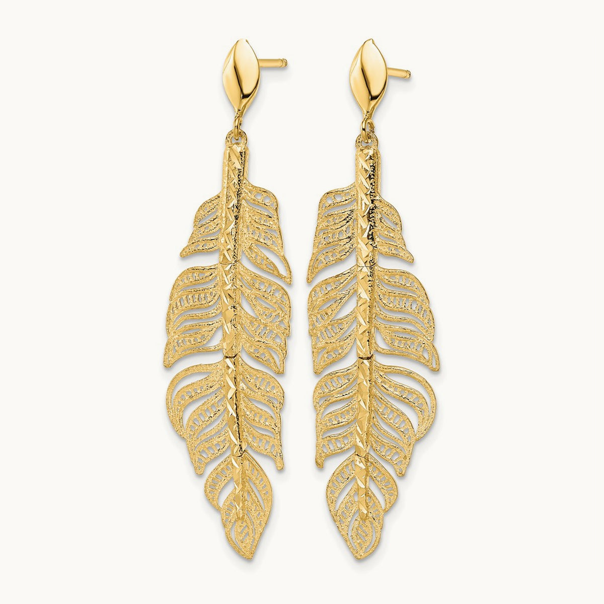 Polished D/C Textured Leaf Post Dangle Earrings, 14K — Leslie's