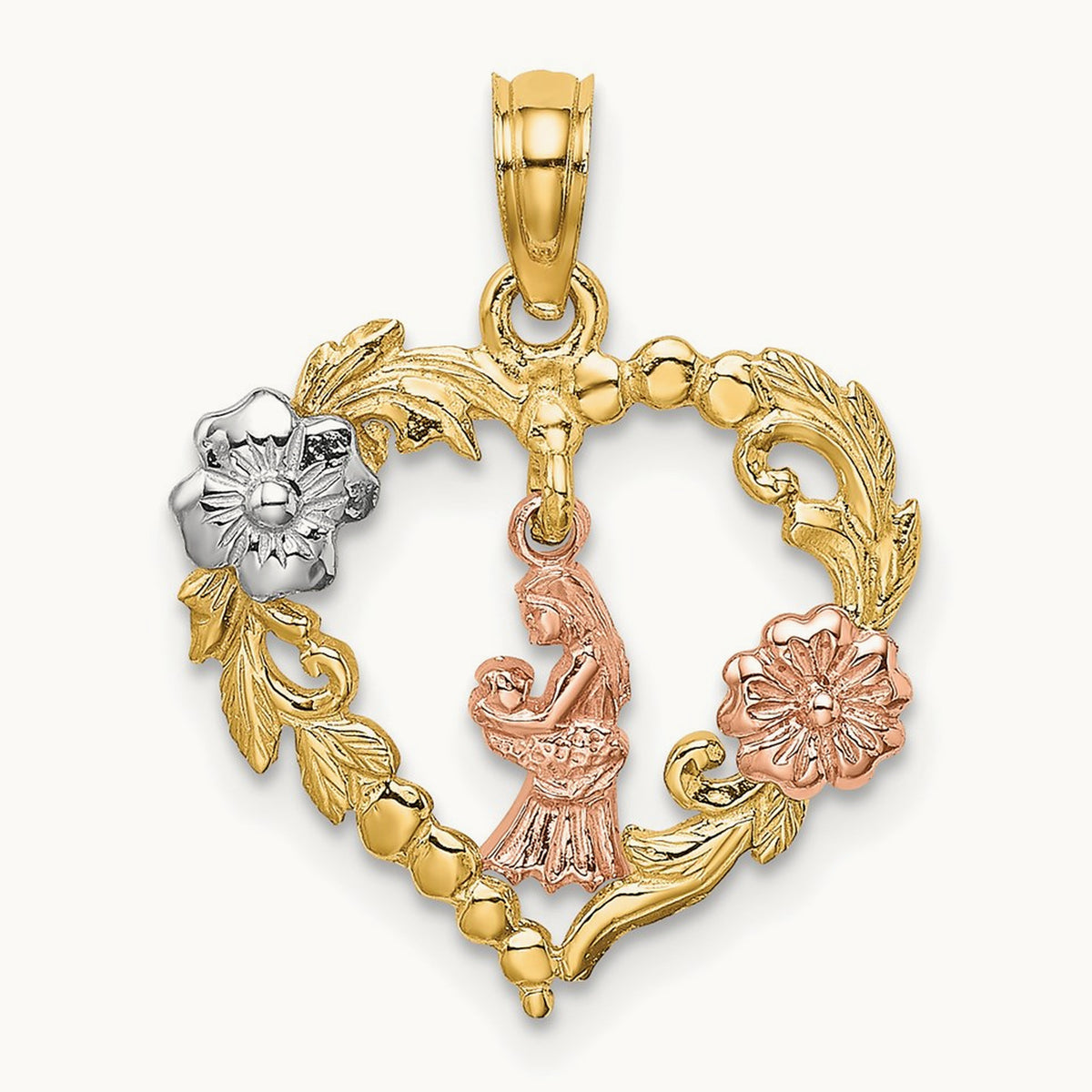 Rhodium Motherly Love w/ Flowers In Heart Charm, 14K Two-tone White