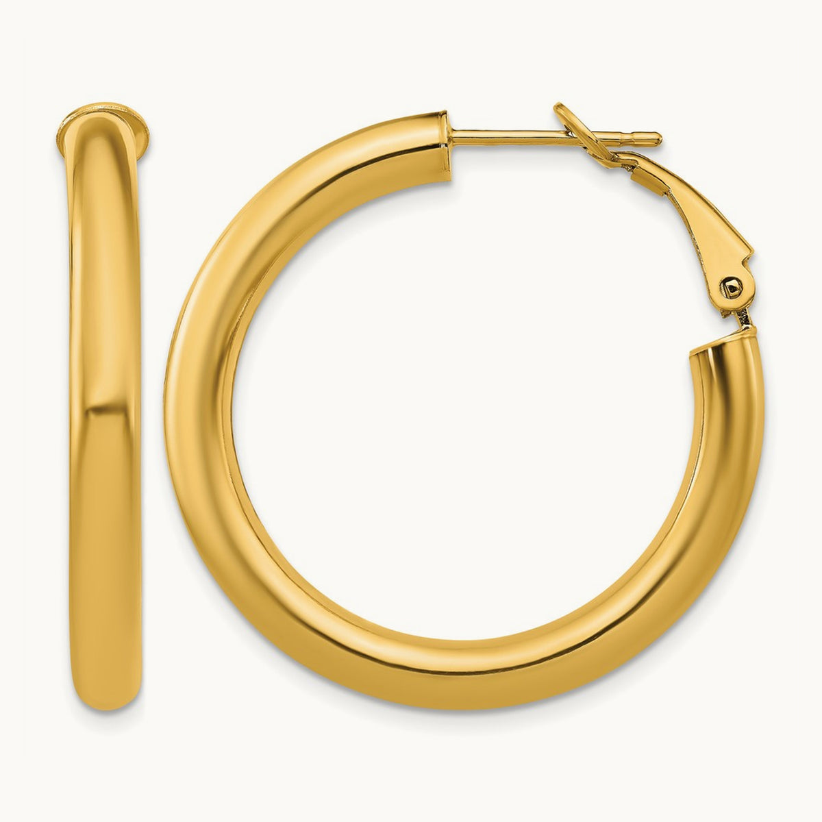 Polished Round Omega Back Hoop Earrings — 14K Yellow Gold, 4x35mm