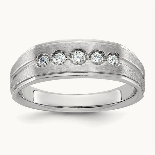 IBGoodman Men's Polished Satin & Grooved Diamond 5-Stone Ring, 14K White Gold