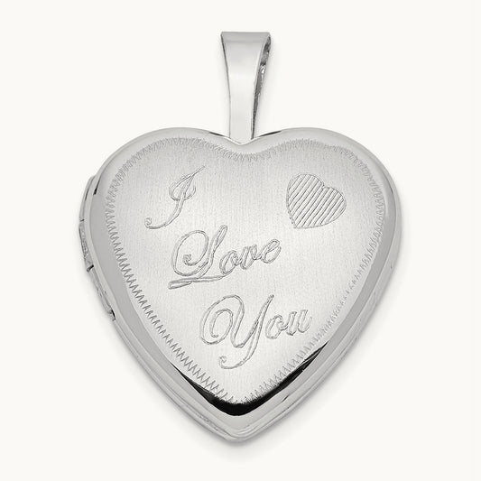 Satin I LOVE YOU Heart Locket, 16mm, 14K White Gold