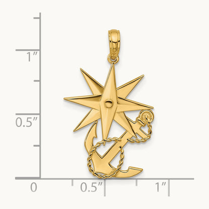 Polished Compass And Anchor with Rope Pendant, 14K