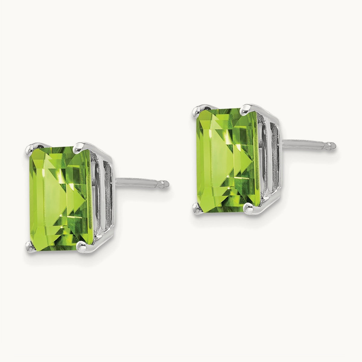 9x7mm Emerald Cut Peridot Earrings, 14K White Gold