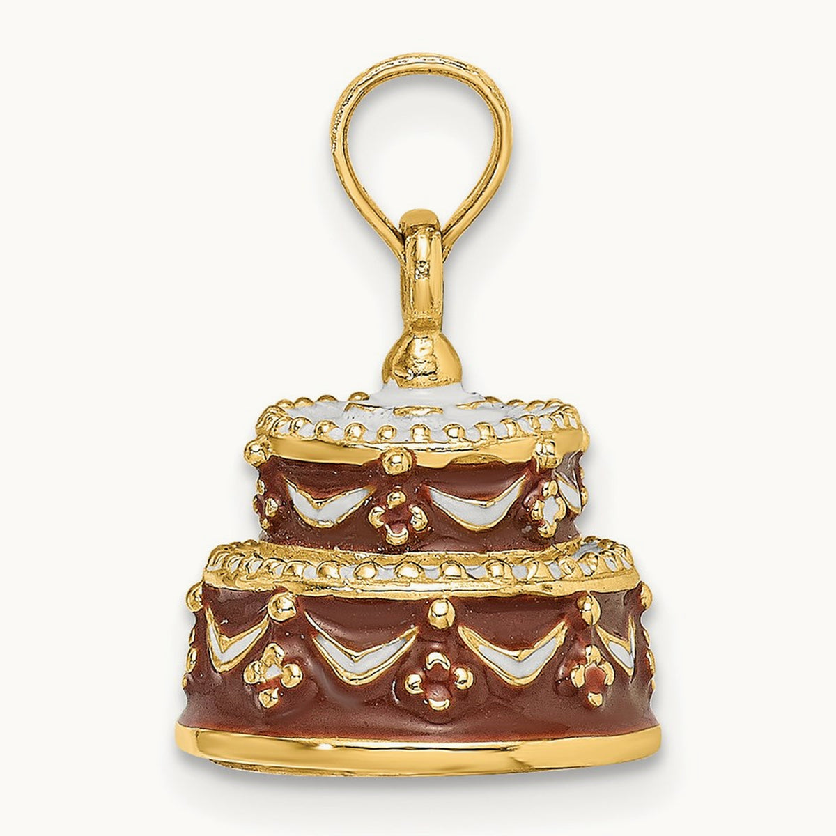 3-D Enameled HAPPY BIRTHDAY Cake w/Brown Frosting Charm, 14K